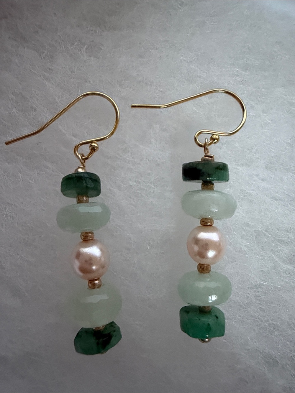 Gold Hook Earrings with Green Jade and Pink Pearl Accents